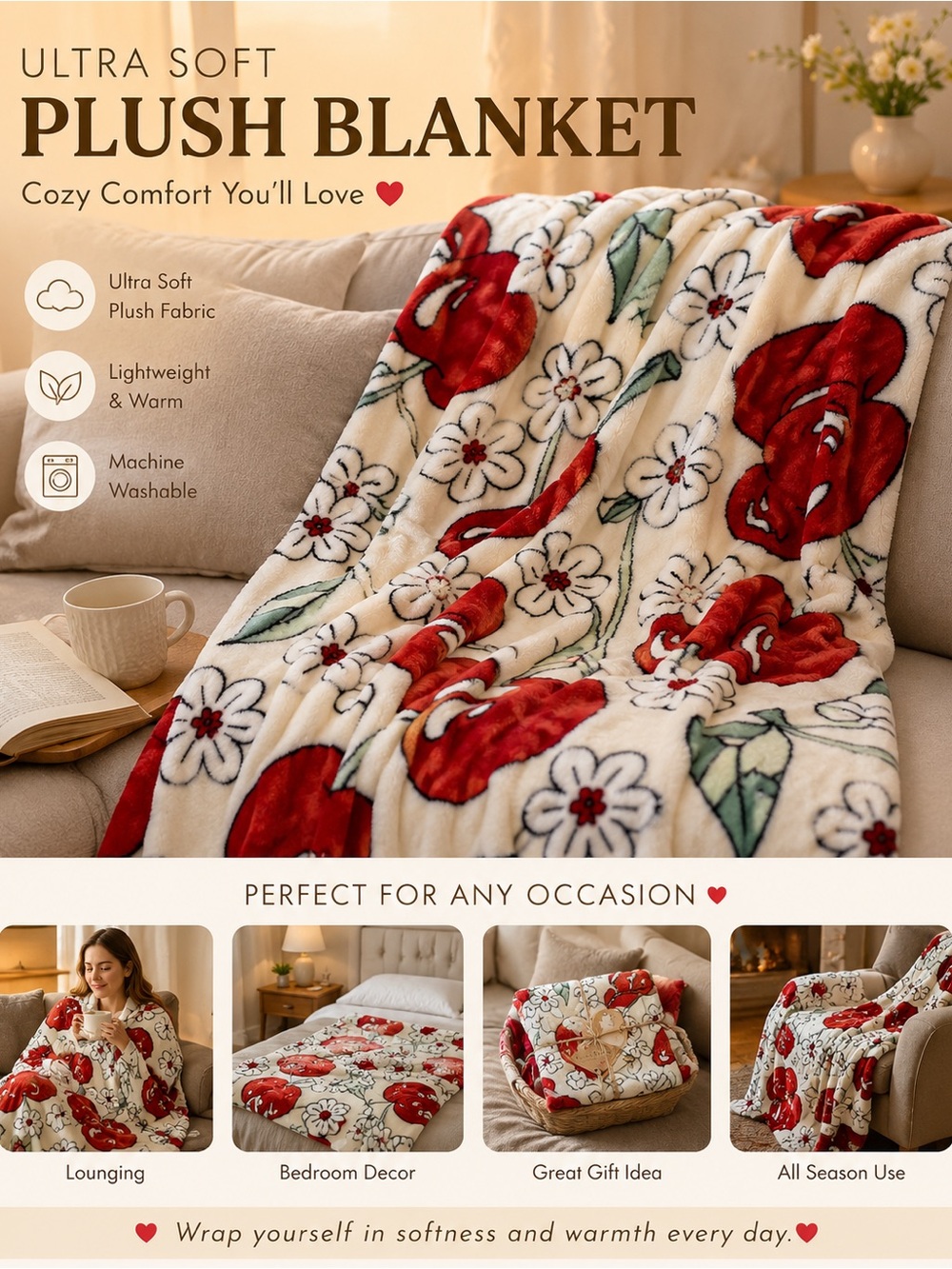 Queen 90”x90” Ultra Soft Plush Blanket by Love Always (Red Floral)